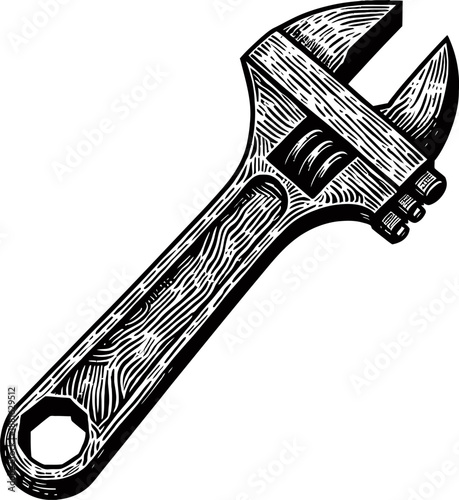 Adjustable Wrench Tool Black And White Illustration Isolated On White
