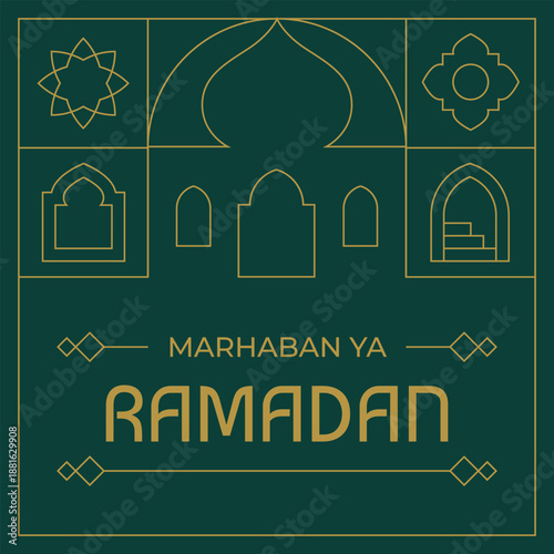 Ramadan celebration greeting design, marhaban ya ramadan. Line art gold and green vector illustration