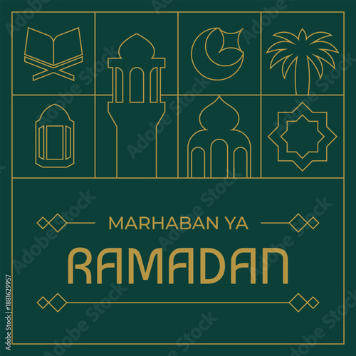 Ramadan celebration greeting design, marhaban ya ramadan. Line art gold and green vector illustration