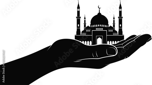 Silhouette of hand holding mosque with crescent moon and minarets, faith and protection theme illustration, transparent background graphic