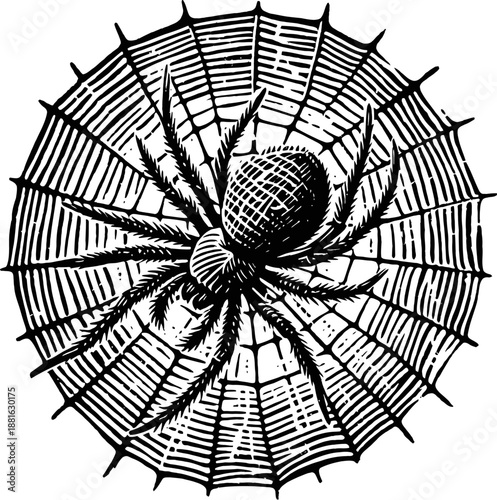 Intricate Spiderweb with Detailed Arachnid Illustration in Black and White
