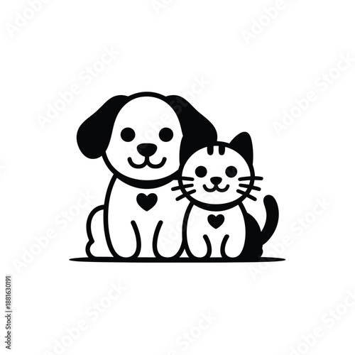 Puppy and kitten embrace isolated on white background, Vector, illustration