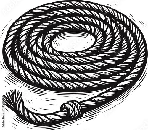 Rolled Rope With Knotted End Close Up In Black And White Illustration