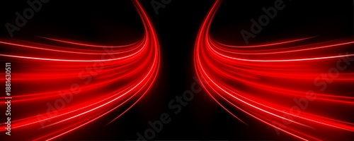 Shiny fiery red neon stripes on white transparent background PNG. Vivid curved light trails and flashing red light effects. Vector element on black background for stunning digital creations.	
