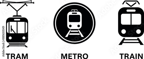 Public transport icons set showing tram metro train symbols, urban transportation concept, black and white pictogram illustration isolated background
