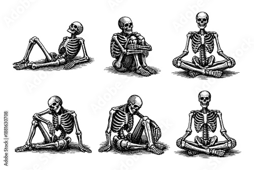 Vintage skeletons in relaxed poses set for halloween designs