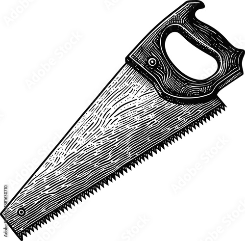 Vintage Hand Saw Tool With Wooden Handle and Metal Blade Isolated on White Background