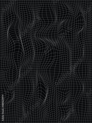 Abstract dark wireframe grid with flowing wave distortion. Futuristic mesh background for technology, data visualization and modern digital design.
