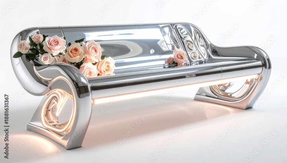 Obraz premium Chrome bench with roses, glowing trim, and a modern design