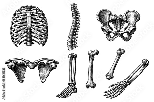 Detailed anatomy of human skeletal system: ribs, spine, pelvis, and limbs