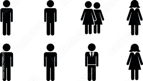Set of black people silhouette icons including man woman and business person isolated on white background for web design.
