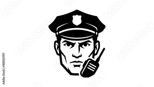 Stern Police Officer Head with Hat Badge and Walkie Talkie Illustration