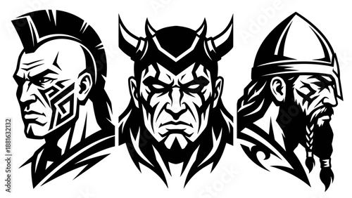 Bold Black Warrior Trio Heads Mohawk Demon Viking Fierce Mascot Illustration