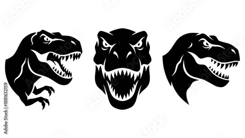 Bold Black T-Rex Trio Heads Fierce Roaring Dinosaur Illustration