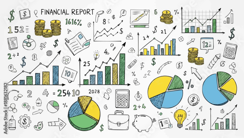 Financial Report Doodle Icons and Charts Collection.