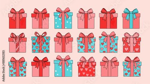 Collection of assorted gift boxes with bows on a pastel background, viewed from directly above, showcasing various patterns and pastel colors