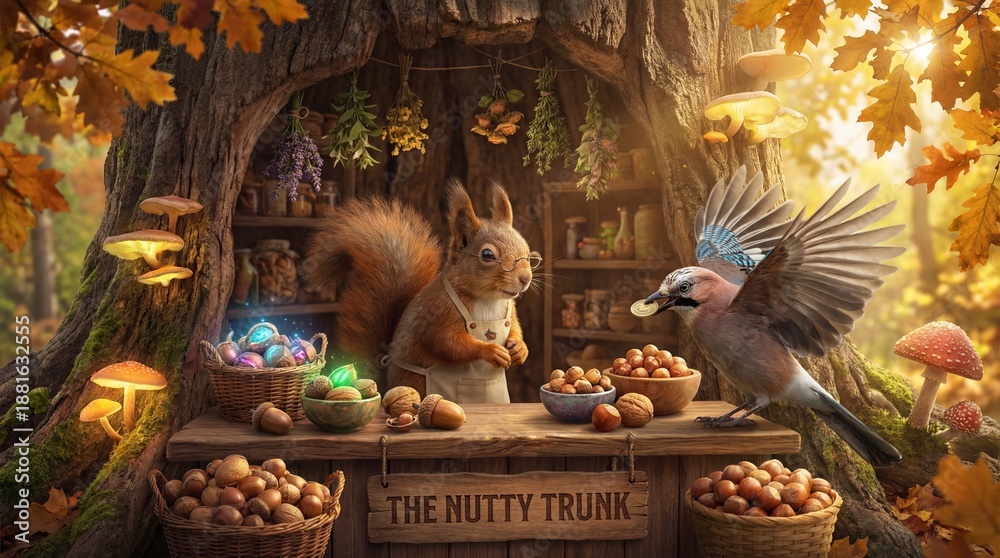 Obraz premium Anthropomorphic Squirrel in a Tree Shop Selling Nuts to a Jay Bird in the Forest