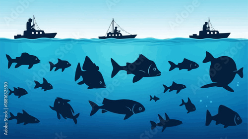 Fishing boats on the ocean surface with schools of fish below.