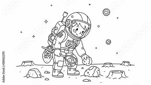 Astronaut in Space Suit Exploring Planet Surface.