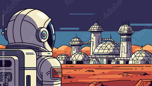 Astronaut in Space Suit Looking at Colony.