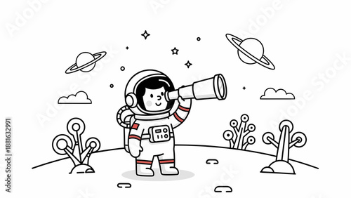 Astronaut in Space Suit Looking Through Telescope.