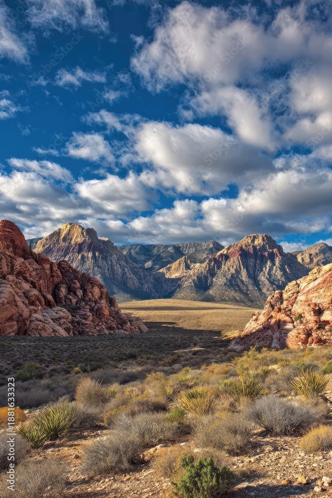 Fototapeta premium Desert landscape with red rock formations, a flat valley, and distant rugged mountains under a blue, cloud-filled sky. Concept Red rock desert formations, Flat valley terrain