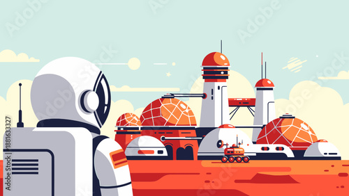 Astronaut Standing Near Futuristic Space Colony.