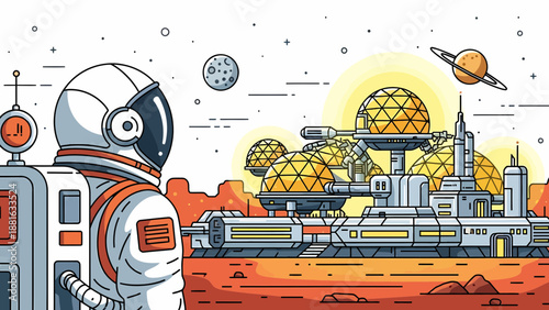 Astronaut Standing Near Space Station on Mars.