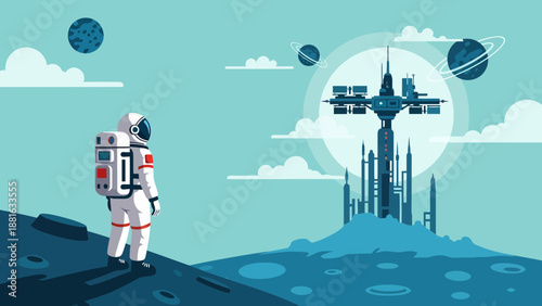 Astronaut standing on a planetary surface.