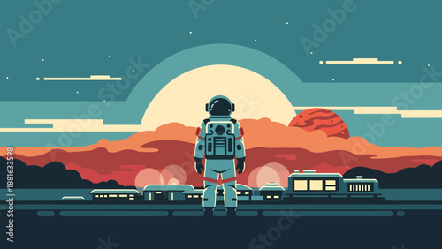 Astronaut Standing on Alien Planet Surface.