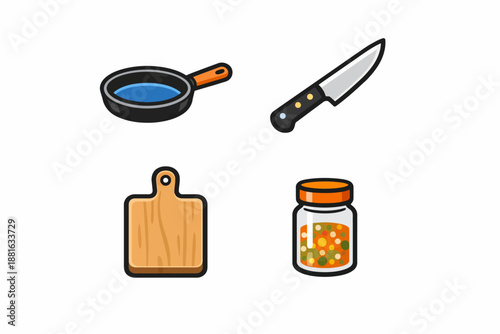 Cartoon cooking utensils: frying pan, knife, cutting board, spice jar