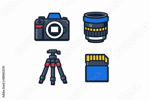 Camera equipment icons: dslr, lens, tripod, and memory card set