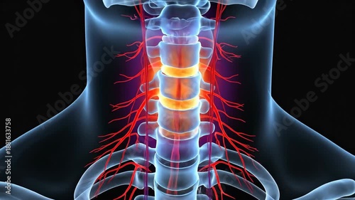 Close-up anatomical illustration of the human cervical spine with highlighted nerves and vertebrae
