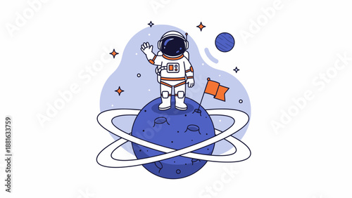 Astronaut Standing on Planet with Flag.