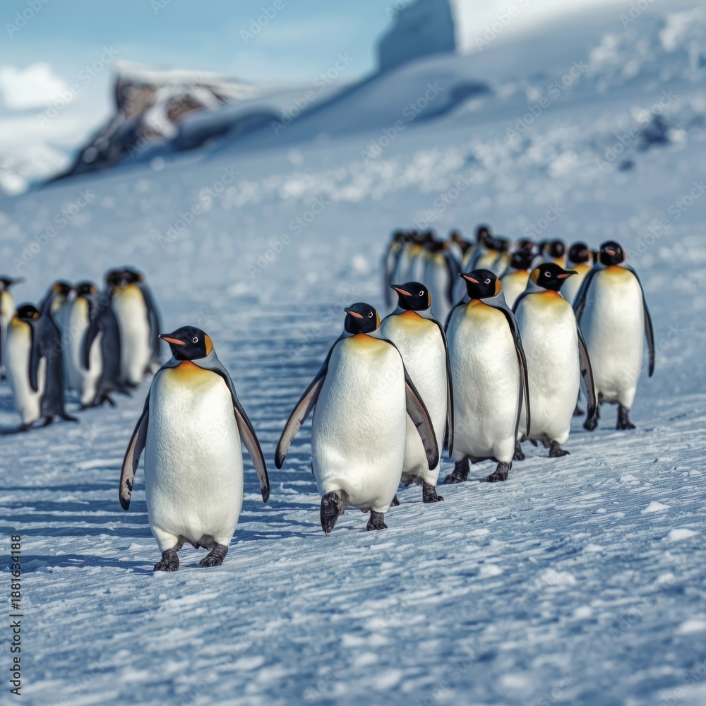 Obraz premium Majestic group of emperor penguins trekking across Antarctic snow under towering snowcapped mountains, embodying resilience and unity