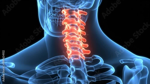 Detailed 3D render of human cervical spine highlighting neck vertebrae, anatomy and pain points; medical illustration of spinal column health