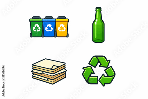 Recycling icons: bins, bottle, paper stack, and symbol for eco-friendly waste management