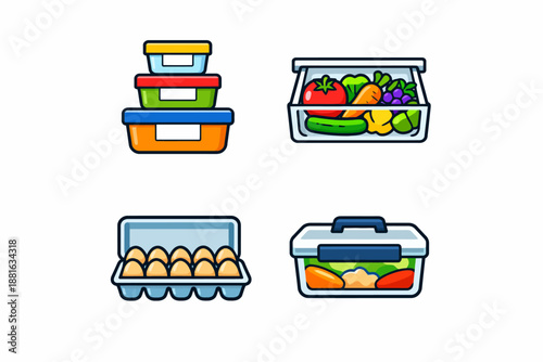 Colorful food storage: containers, fresh vegetables, and egg carton illustration