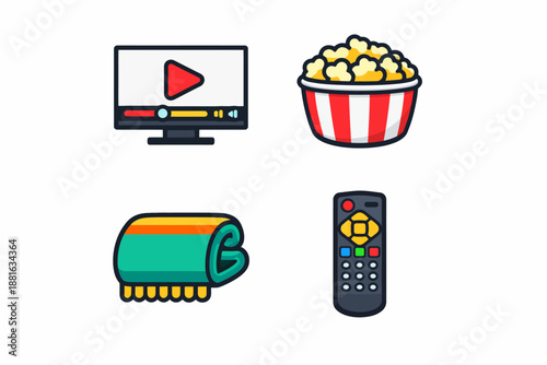 Cozy movie night essentials - popcorn, blanket, remote, streaming