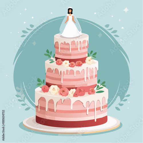 A beautiful wedding cake with bride figurine on top, decorated with flowers and icing, on a decorative plate, viewed from the front