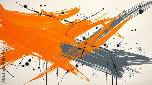 A dynamic abstract painting featuring bold orange and grey brushstrokes with black splatters and lines on a white background.