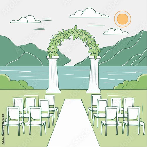 A serene lakeside wedding ceremony setup with floral archway and mountainous landscape in a picturesque outdoor environment from a distant viewpoint