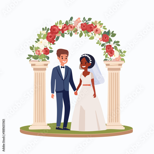 Bride and groom standing together under a floral archway with columns