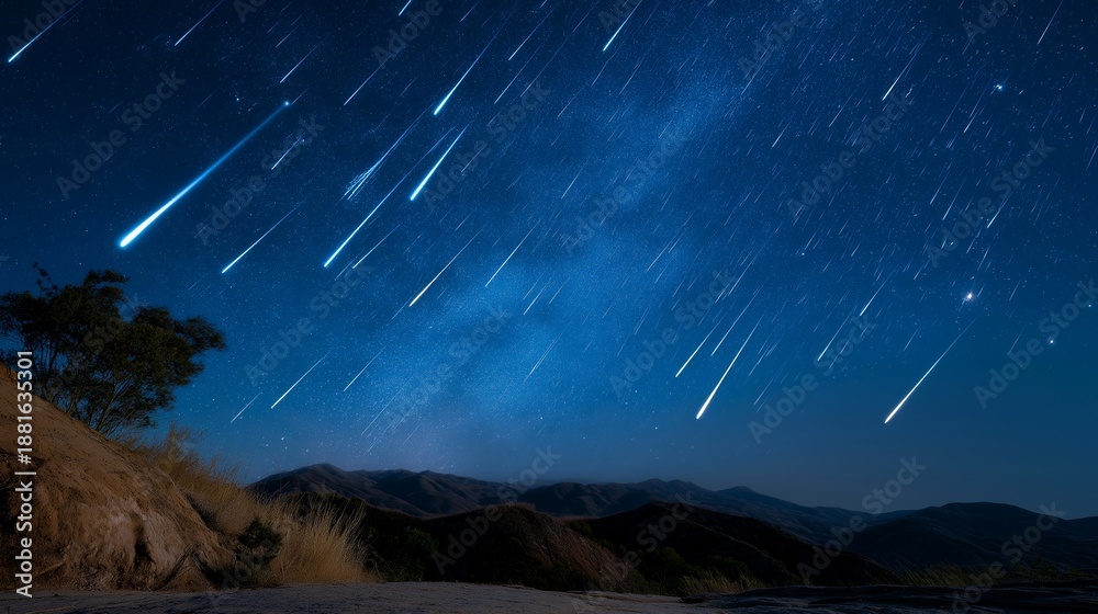 Fototapeta premium A vibrant meteor shower graces the heavens above, with fast-moving meteors striking the night sky, serving as a captivating scene for astrophotography enthusiasts and those interested in space