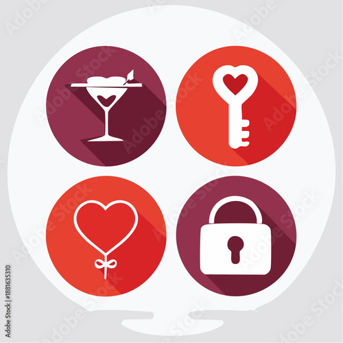 Valentine's Day icons set in circular frames depicting love and affection symbols on colored backgrounds viewed from a straightforward perspective
