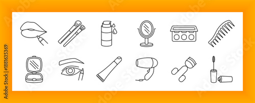 Makeup and beauty set icon. Lipstick, brushes, serum, mirror, eyeshadow, comb, compact, eyeliner, hairdryer, roller, and mascara visuals related to cosmetics and personal grooming.