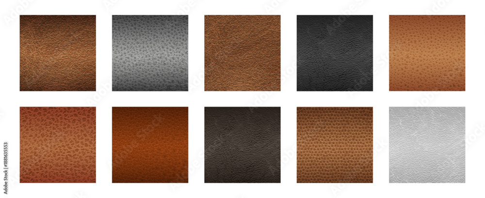 Fototapeta premium Square pieces of fabric, realistic set of leather patches. Vector collection of craft emblems, calfskin badges. Fashion branding, repair and reinforcement, decorative and personalized items