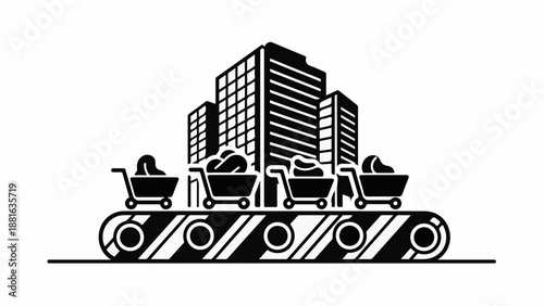 Conveyor belt with shopping carts moving towards city skyline, symbolizing consumerism and urban development.