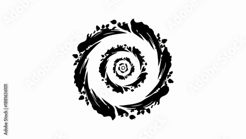 Abstract black spiral vortex with organic texture on a white background