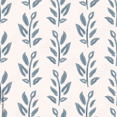 Floral striped print for fabric, textile products, packaging. Seamless repeating vector pattern, wallpaper. Blue-gray twigs, branches with leaves on a light pastel background.